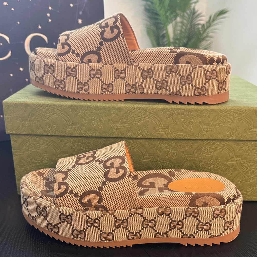 Gucci Women's GG Brown Monogram Platform Slides